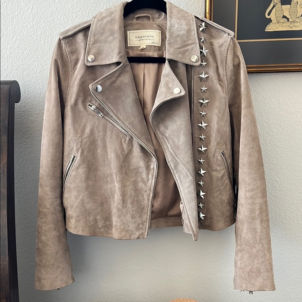 Bagatelle Tan fringe Leather Jacket with Asymmetrical Design and Notched Lapels